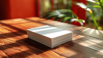 a stack of white paper on a wood table