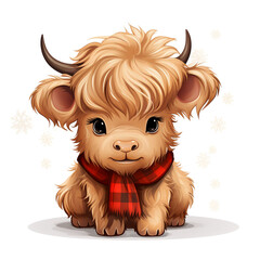 Baby Highland Cow Christmas illustration with outline with white Background no Shadow сreated with Generative Ai