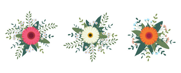 Set of flowers arrangement isolated on background. Flat illustration. Perfect for cards, invitations, decorations, logo, various designs
