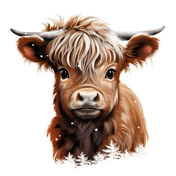 recommend clip art: Baby Highland Cow Christmas illustration with outline with white Background no Shadow сreated with Generative Ai