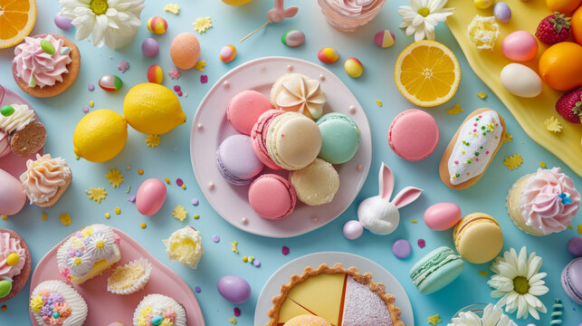 Easter Delights: Macarons and Lemon Tart on Pastel Table