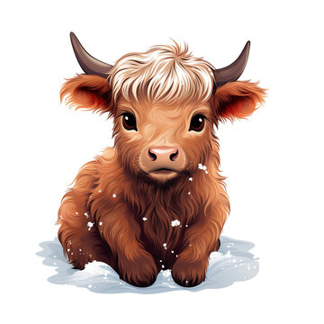 recommend clip art: Baby Highland Cow Christmas illustration with outline with white Background no Shadow сreated with Generative Ai