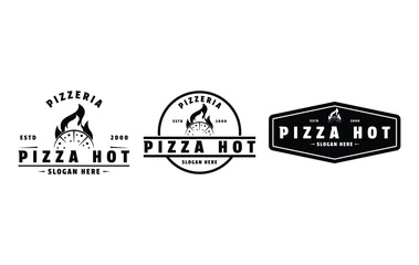 Set of pizza hot with flame logo design vintage retro stamp label and badge	