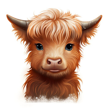 recommend clip art: Baby Highland Cow Christmas illustration with outline with white Background no Shadow сreated with Generative Ai