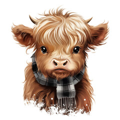 Baby Highland Cow Christmas illustration with outline with white Background no Shadow сreated with Generative Ai