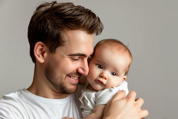 Happiness Of Fatherhood. Portrait of young  dad with cute little baby on his hands.Loving african american father spending time with infant child, copy space.