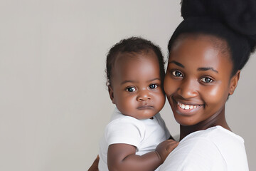  Portrait of young  charming african american mother with cute little baby on his hands.Loving mother spending time with infant child, copy space. Happiness Of motherhood. 