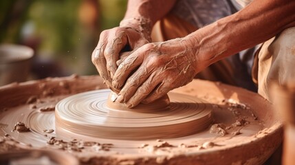 Artistic potter creating form on turning wheel.