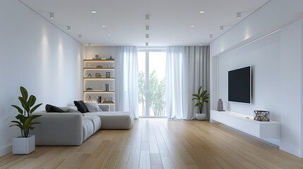 Living room with sofa and television and big window, home living with space, living room decoration,
