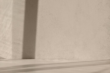 Beige empty concrete textured wall and marble table top or shelf background, neutral sustainable natural brand product showcase template, mock up with copy space