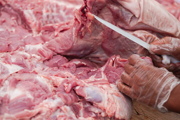Cutting raw meat for kitchen