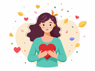 A smiling young girl holding a red love heart on her chest with both hands, Birthday card, Valentine's Day, Love concept, isolated on white background.