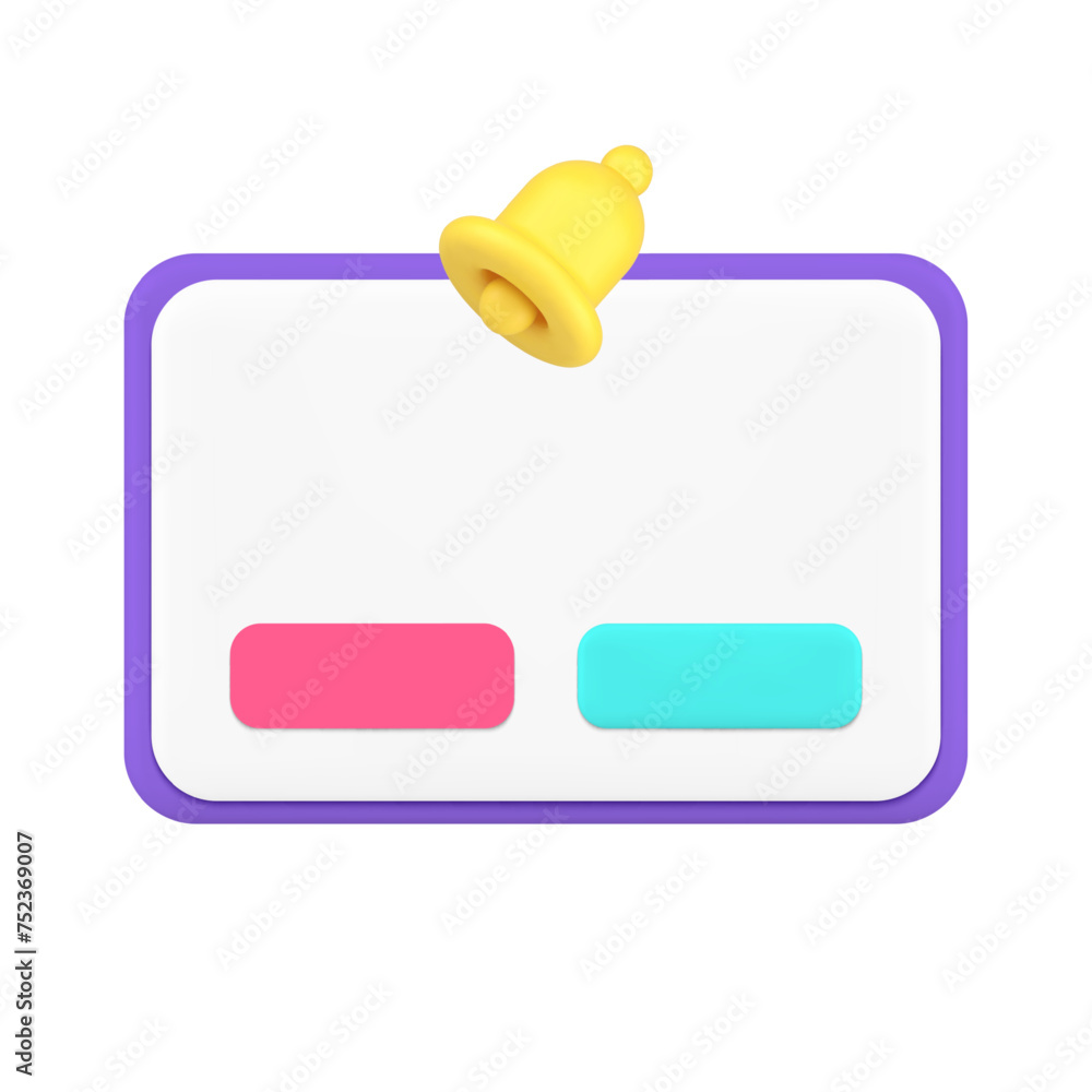 Poster push notification message interface reminder ring bell with buttons 3d icon realistic vector