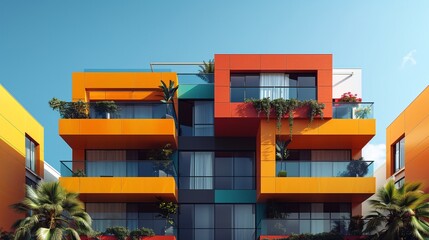 a multistory building with plants on the windows - obrazy, fototapety, plakaty