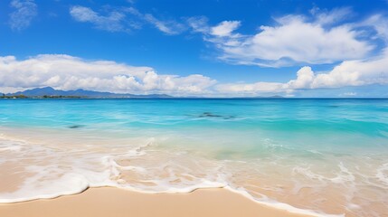 Soothing Seascape: Canon RF 50mm Capture of Tranquil Sandy Beach and Gentle Blue Ocean Wave