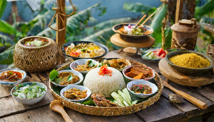 Enticing Image of Nasi Campur Bali - Popular Balinese Meal Highlighting Traditional Rice Dish with...