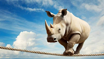 Fotobehang Huge white rhino (rhinoceros) walking on a rope, against a clear blue sky with clouds and copy space. Generative Ai. © Alberto Masnovo
