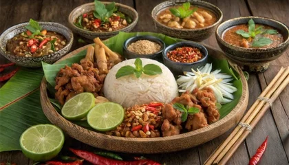 Fotobehang Enticing Image of Nasi Campur Bali - Popular Balinese Meal Highlighting Traditional Rice Dish with Variety of Flavors, Colors, and Optional Extras - Optimized for Cultural Richness and Culinary Divers © syahed