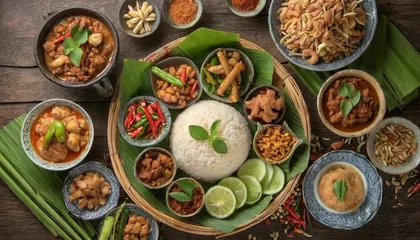 Fotobehang Enticing Image of Nasi Campur Bali - Popular Balinese Meal Highlighting Traditional Rice Dish with Variety of Flavors, Colors, and Optional Extras - Optimized for Cultural Richness and Culinary Divers © syahed