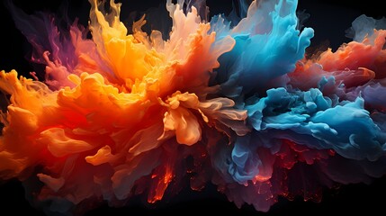 An explosion of vibrant liquid colors collides, creating a breathtaking burst of energy that forms intricate abstract patterns in the air. HD camera documents the collision with utmost precision