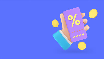 Shopping sale discount coupon in business man hand banner copy space 3d icon realistic vector