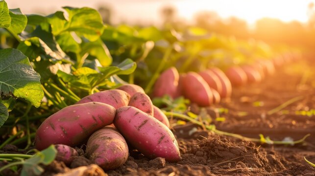 Growing sweet potato harvest and producing vegetables cultivation. Concept of small eco green business organic farming gardening and healthy food