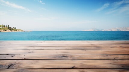 Tranquil Coastal Scene: Wooden Table Set against Sea, Island, and Blue Sky - Canon RF 50mm f/1.2L...