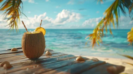 Küchenrückwand glas motiv Coconut cocktail on the beach, Cocktail in a coconut with straws and decor on the table side blue ocean © saichon