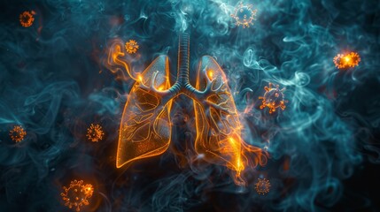 Smoke particles attacking lung cells. Depicts the threat to lung health. Lung cancer and lung disease, must find a way to protect our lungs - obrazy, fototapety, plakaty