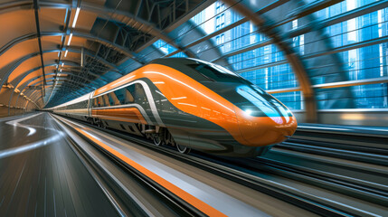 A high-speed train in full motion, elegantly passing through a railway station platform during the sunset, enhanced by the captivating effect of motion blur