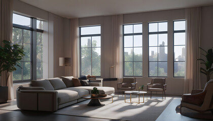 Comfortable living room interior with great view from window