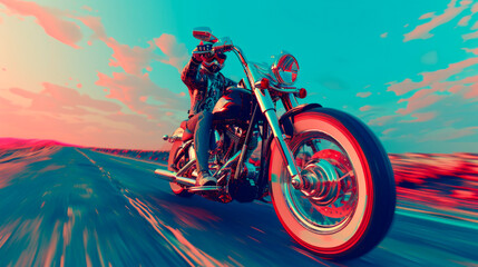 A dynamic image showcasing a man, a skilled motorbike rider, navigating the road with high speed around the enchanting hues of sunset