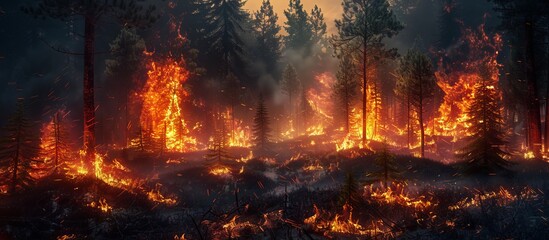 The forest fire was very heavy, burning throughout the forest, burning red