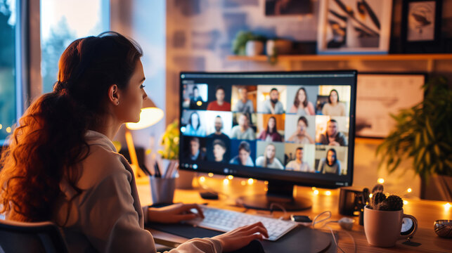 Woman working remotely from home, participating in a video conference with a group of people. remote recruitment process or virtual team collaboration