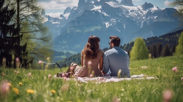 Romantic Alpine Picnic: Couple Admiring Scenic Dolomites Landscape