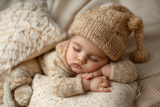 a baby sleeping in a knit hat