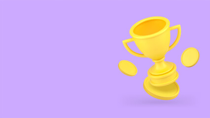 Golden cup business award with coin cash money banner copy space 3d icon realistic vector