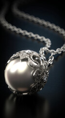 White gold necklace with pearl luxury, product photo, photorealism сreated with Generative Ai
