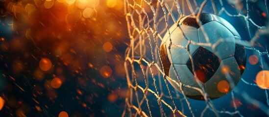 Soccer ball breaks the soccer net with copyspace for text	
