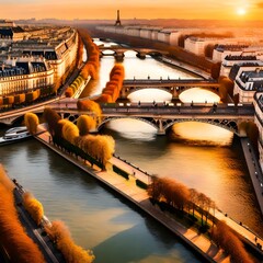 Paris Eiffel Tower and river Seine at sunset in Paris, France. Eiffel Tower is one of the most iconic landmarks of Paris. - obrazy, fototapety, plakaty
