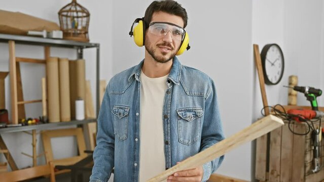 Young hispanic man with a beard wearing safety glasses and headphones in a carpentry workshop holds lumber.