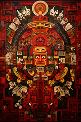 Obraz na płótnie Canvas Exquisite Aztecan art in vibrant hues sketching mythical and celestial motifs