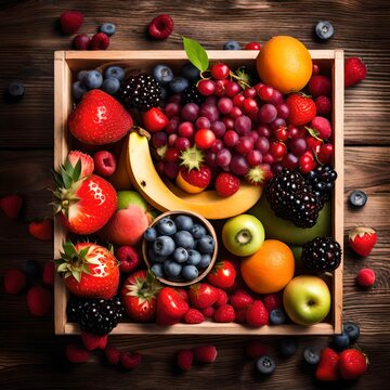 Variety of fresh fruits and berries in wooden box. Healthy vegetarian summer food.