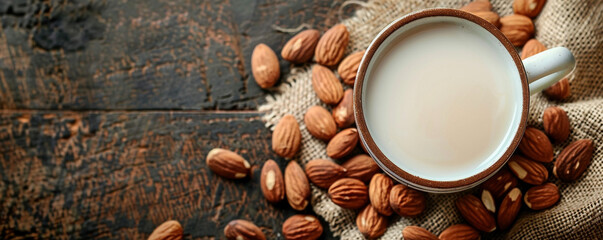Healthy breakfast Almond milk, Copy space. Top view.