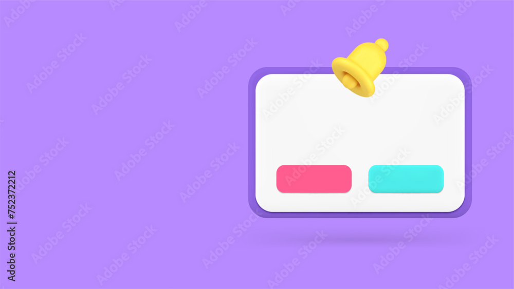 Poster push notification window ring bell and buttons banner copy space 3d icon realistic vector