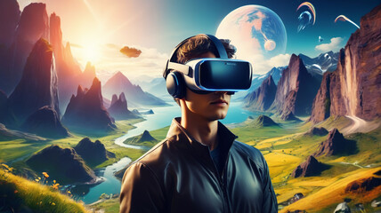 A man in a virtual world, wearing a Google VR headset, generative AI

