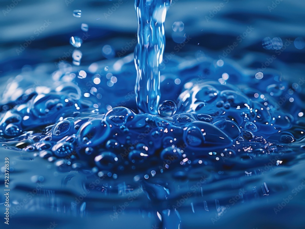 Poster close-up view of a pristine water stream with droplets creating ripples over the blue surface, conve