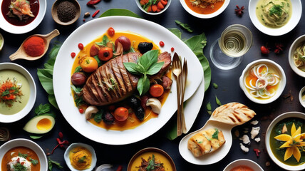 A diverse dish beautifully presented on a plate, generative AI

