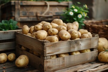 A bountiful harvest of potatoes is casually piled in a rugged wooden crate in a storeroom, conjuring images of country life and sustainability