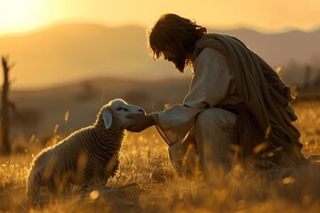 Fototapeta premium A heartwarming scene capturing jesus' compassion as he reaches out to a stray lamb Illustrating themes of care Redemption And divine love in a serene landscape